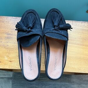 Vionic Black Suede Tassel Clogs